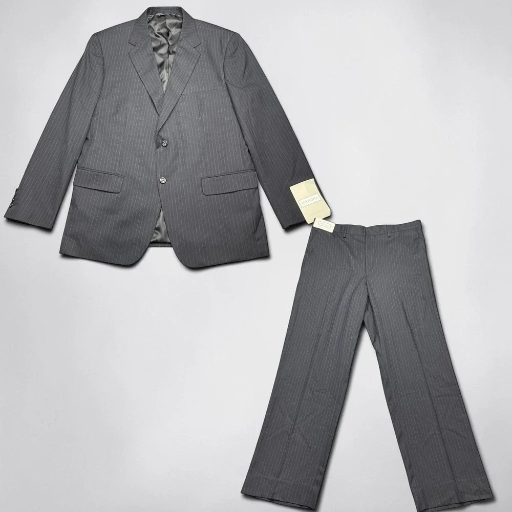 NEW Merona Mens‎ Pinstripe Suit Set 44R Blazer 36x32 Pants Charcoal Gray 2 Piece